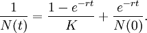 \frac{1}{N(t)} = \frac{1-e^{-rt}}{K}+ \frac{e^{-rt}}{N(0)}.